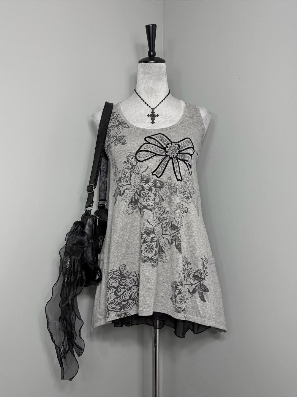 Y2K Grunge L.O.L. Vintage Grey Floral Bow Graphic Tank Dress w/ Pockets Size XS